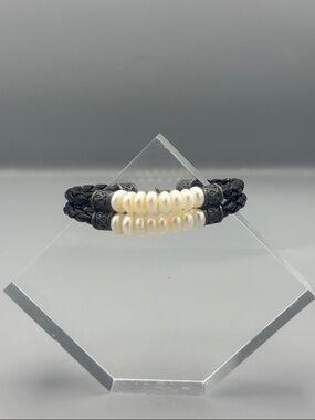 Sterling silver Black Braided Leather Bracelet with White genuine Pearl Accents